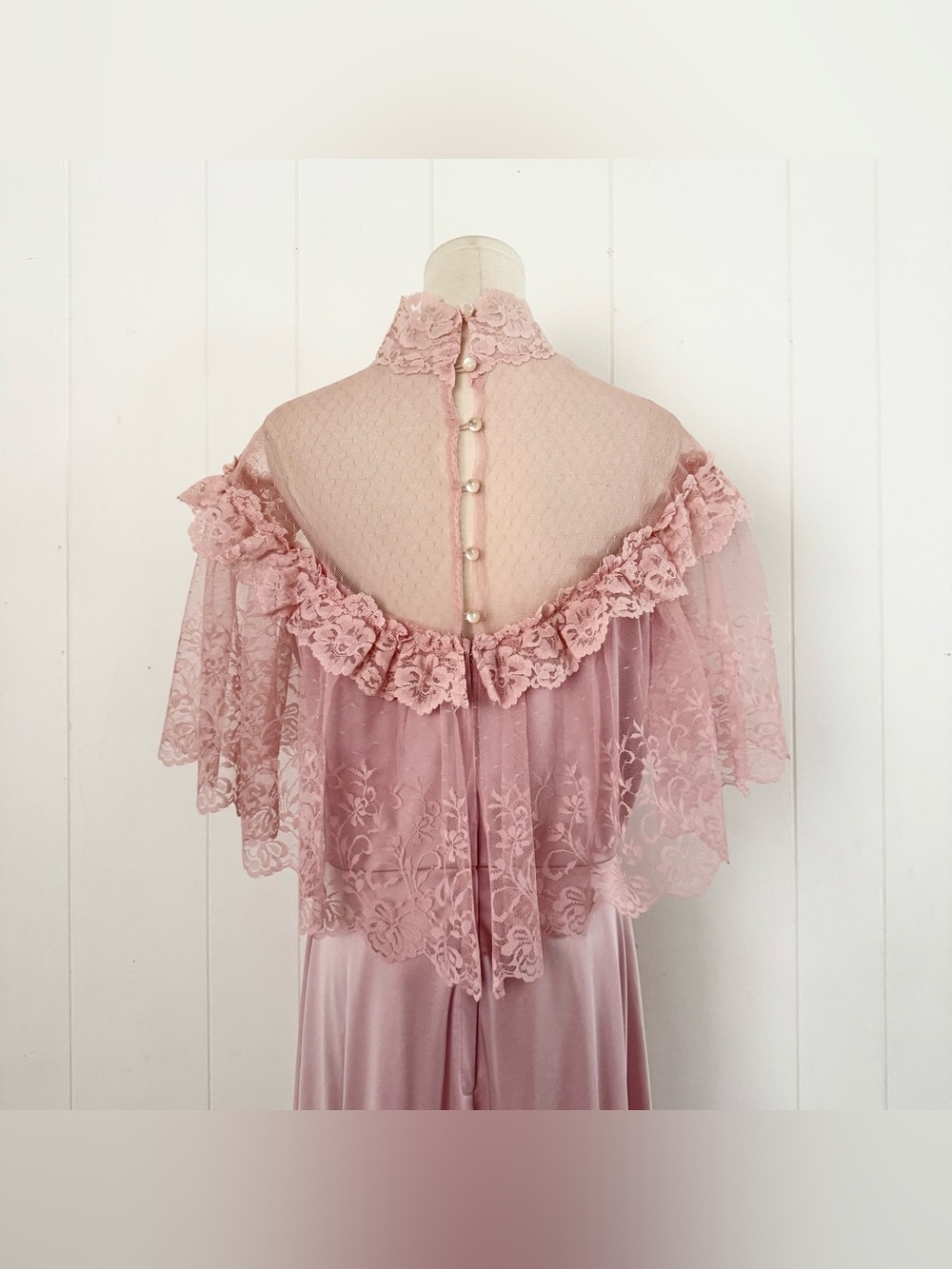 Vintage 80s JC Penney Lace Prom Maxi Dress Light Pink Modern 10/12 Prairie Gown - Picture 10 of 13